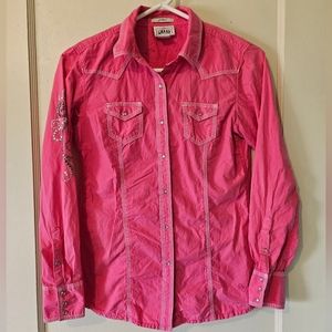 Ariat Hot Pink Rhinestone Bling Long Sleeve Fitted Rodeo Shirt Size Small